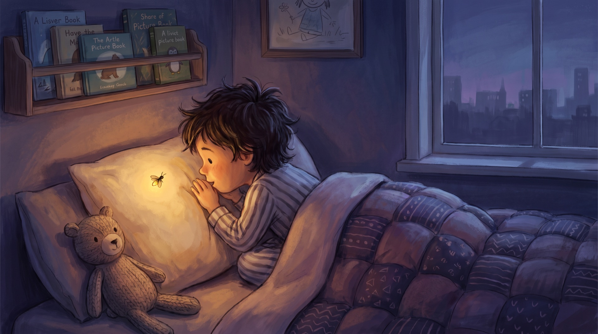 A child whispering to a glowing firefly on their pillow at night
