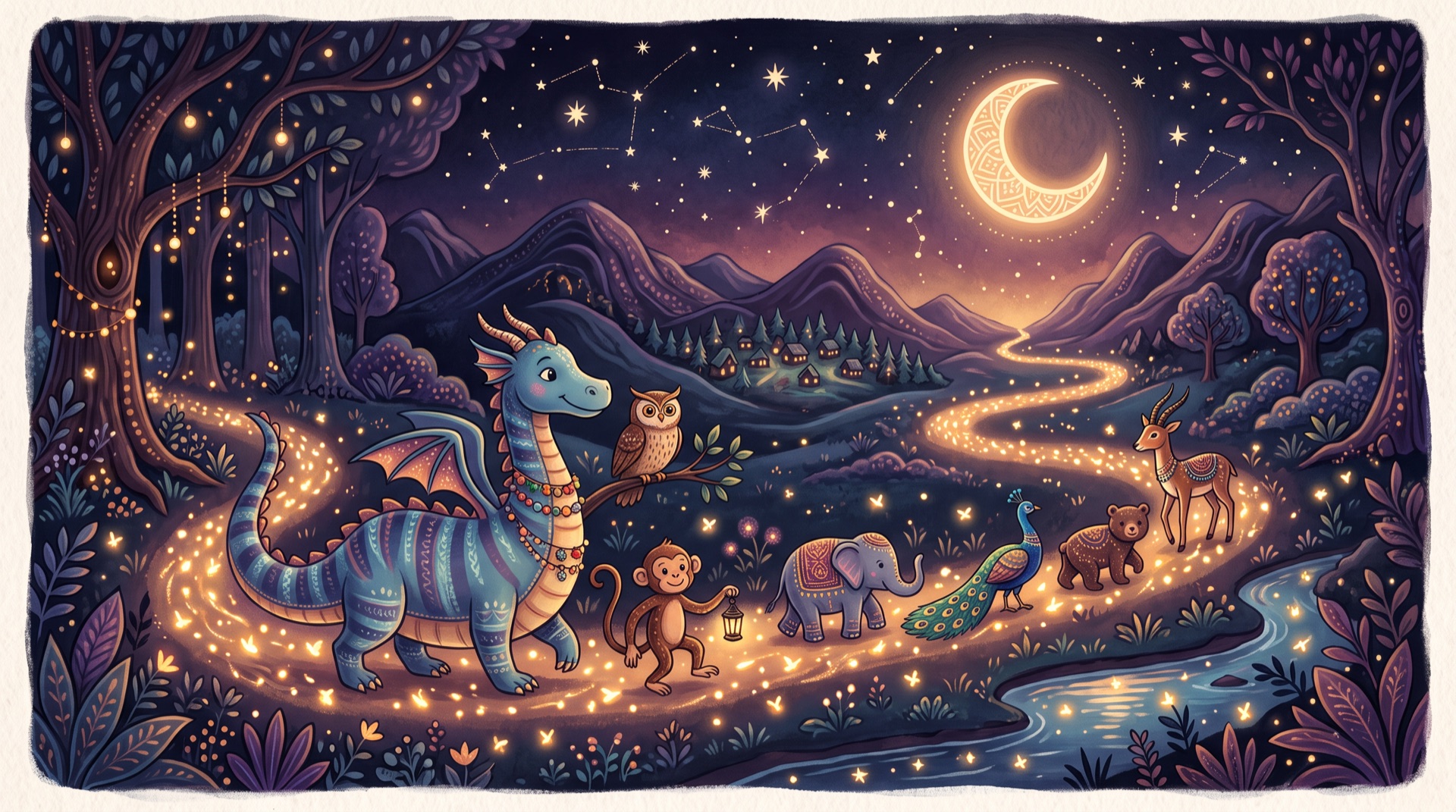 Story creatures walking together along a path of fireflies